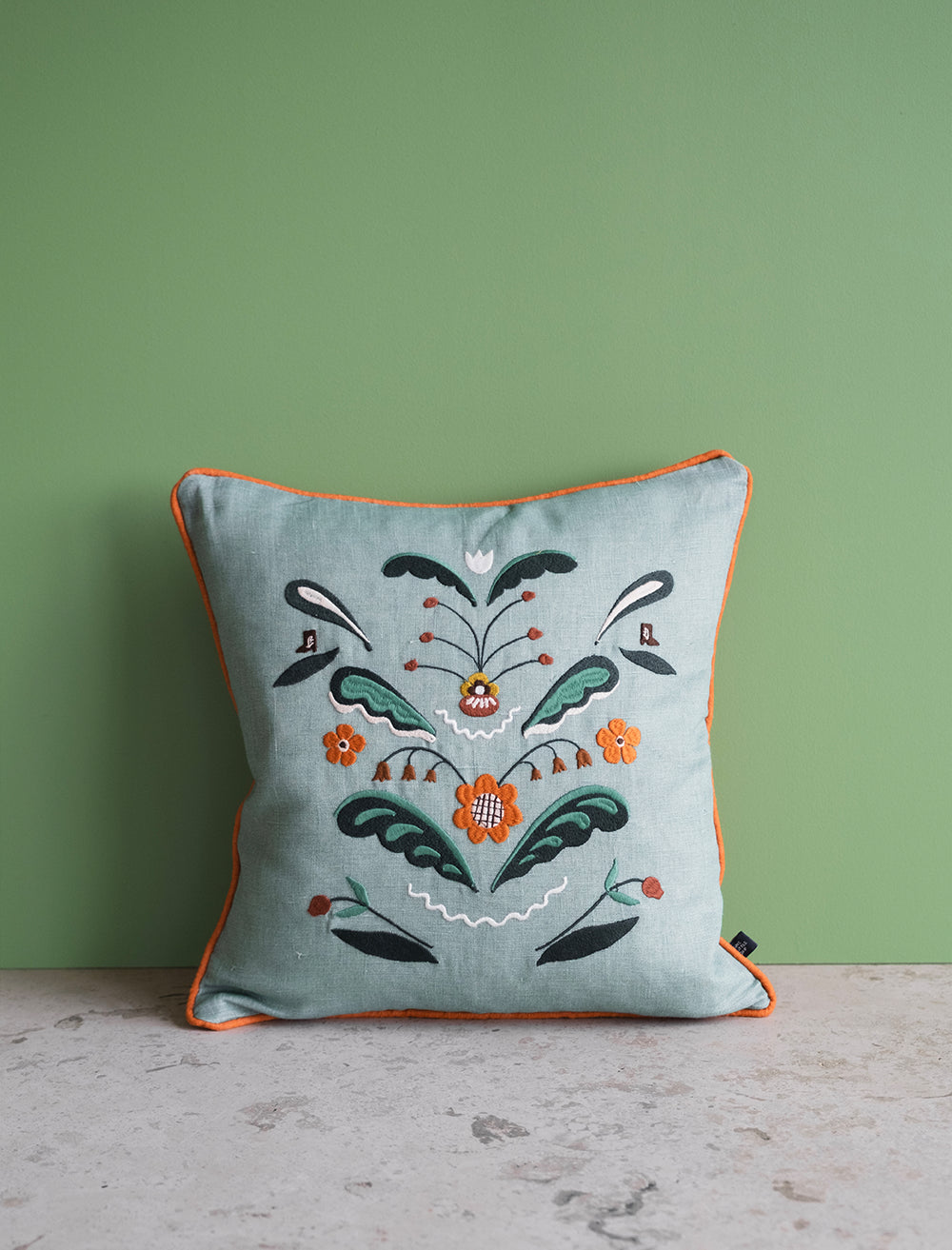 TRADITION EMBROIDERED CUSHION COVER, GREEN/ORANGE