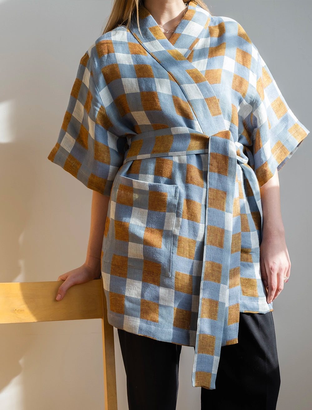 CHECKED WOVEN KIMONO, OAT - S/M