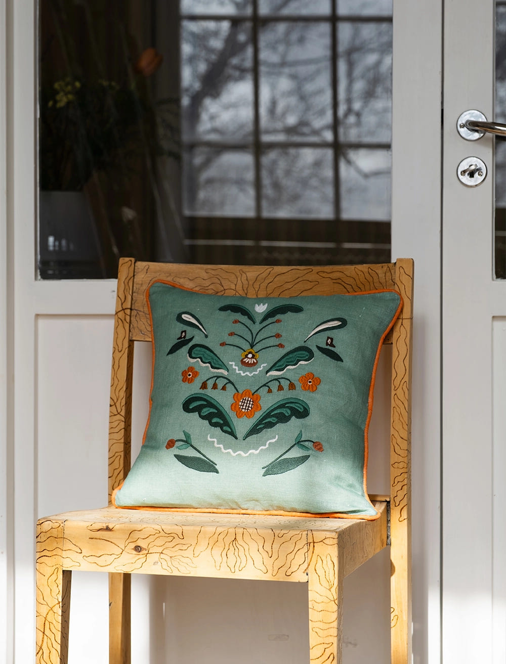 TRADITION EMBROIDERED CUSHION COVER, GREEN/ORANGE