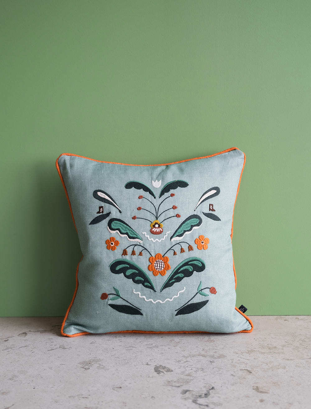 TRADITION EMBROIDERED CUSHION COVER, GREEN/ORANGE