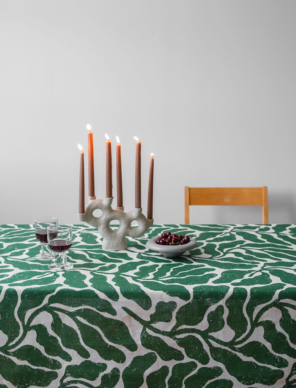 LEAVES LINEN TABLECLOTH, GREEN