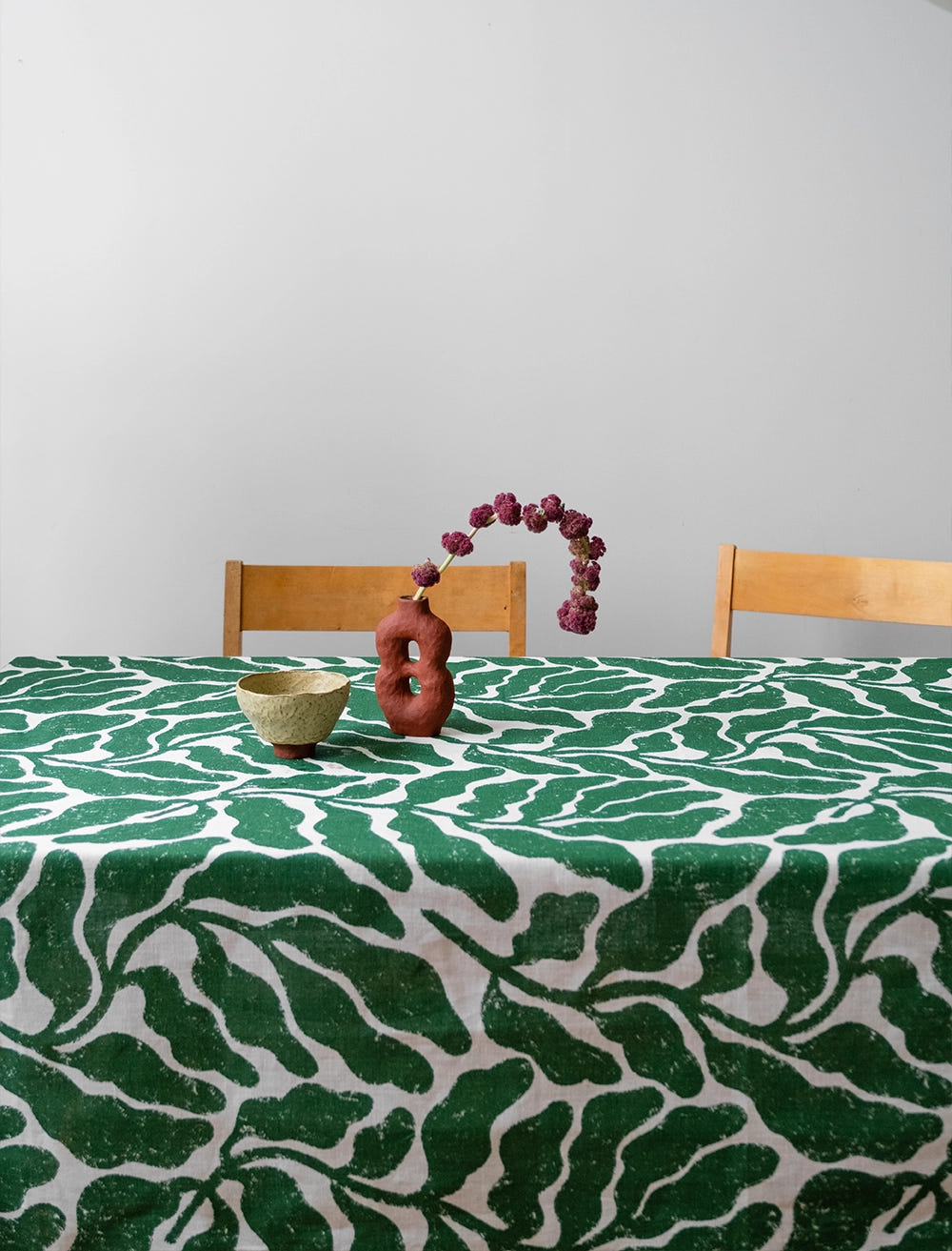 LEAVES LINEN TABLECLOTH, GREEN  - 147x147 cm