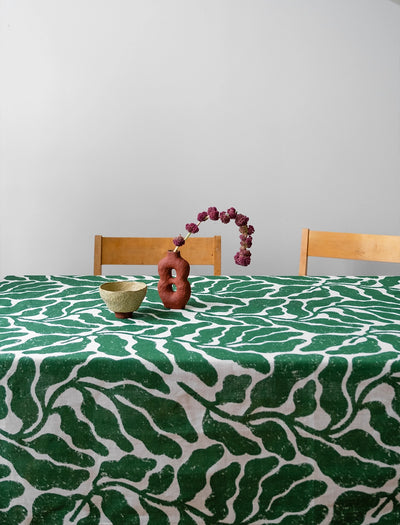 LEAVES LINEN TABLECLOTH, GREEN  - 147x147 cm