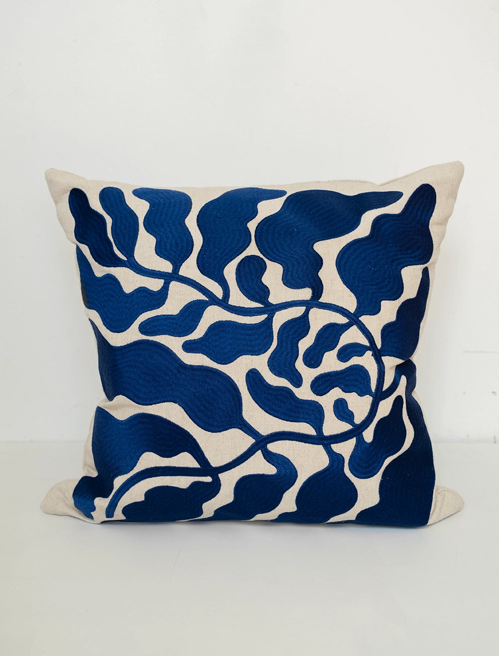 LEAVES EMBROIDERED CUSHION COVER, BLUE
