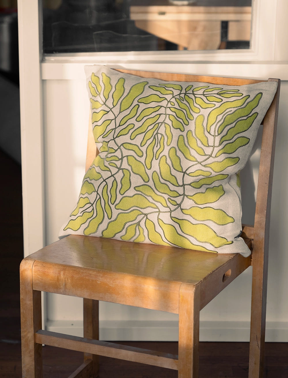 LEAVES EMBROIDERED CUSHION COVER, LIME