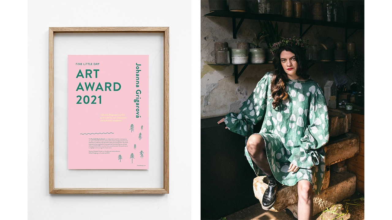 Två bilder: Diplom för FLD Art Award 2021 i ram samt Johanna Grigarová som sitter i en egensydd grön klänning och krans.i håret.