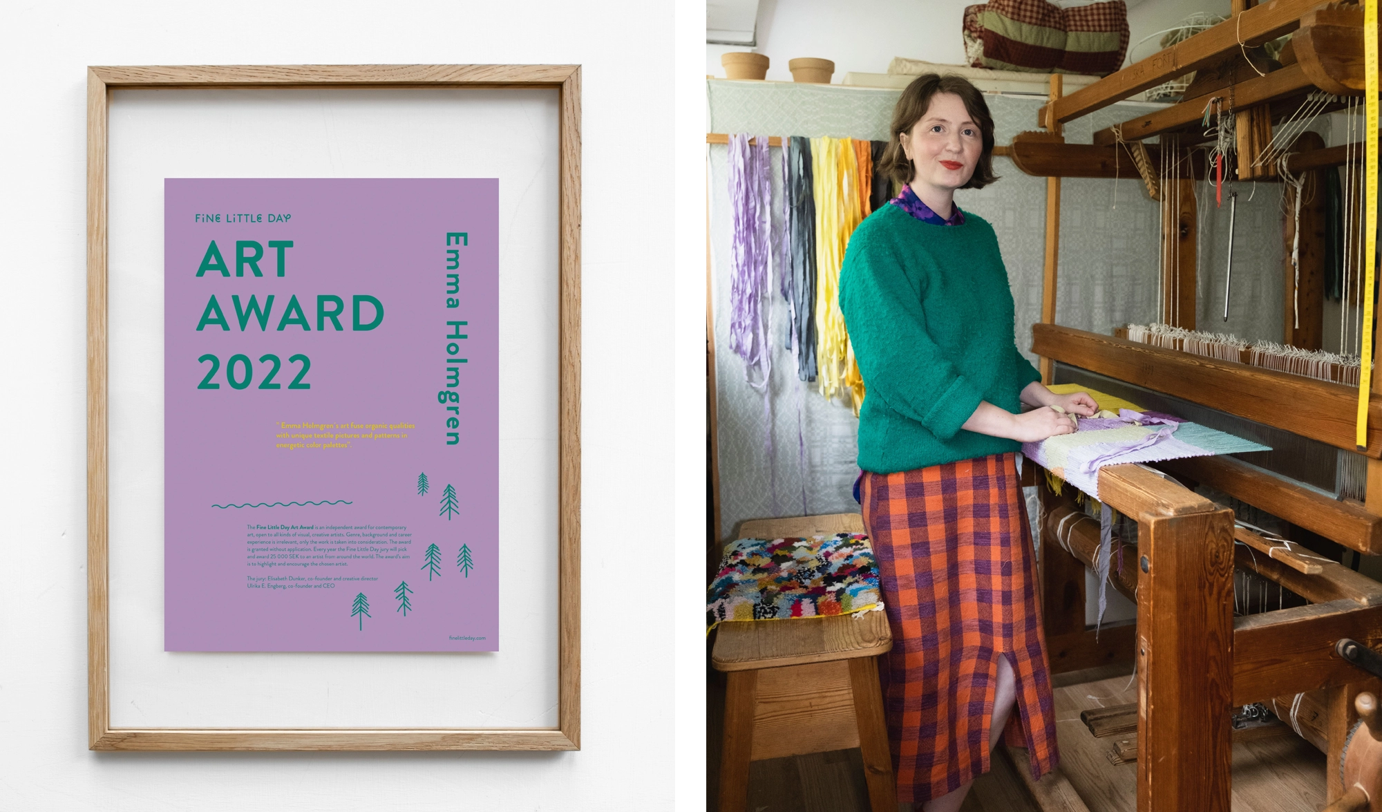 Diplomet för FLD Art Award 2022 samt konstnären Emma Holmgren stående framför sin vävstol.