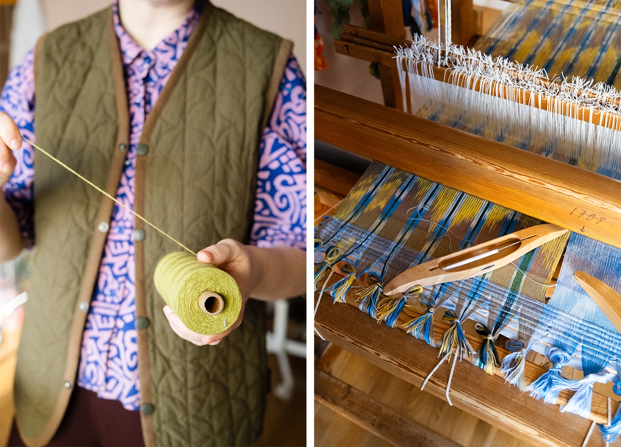Kollage med två bilder: Emma Holmgren som håller grönt garn i handen och en närbild på hennes vävstol.