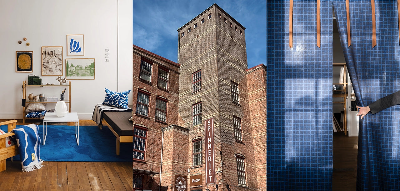 En trio bilder: En soffgrupp med tavelvägg i bakgrunden, Spinneriet i Lindome utifrån - den röda tegelbyggnaden, och ett blå-svart rutigt draper där en hand håller upp ena sidan.