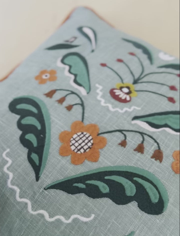 TRADITION EMBROIDERED CUSHION COVER, GREEN/ORANGE